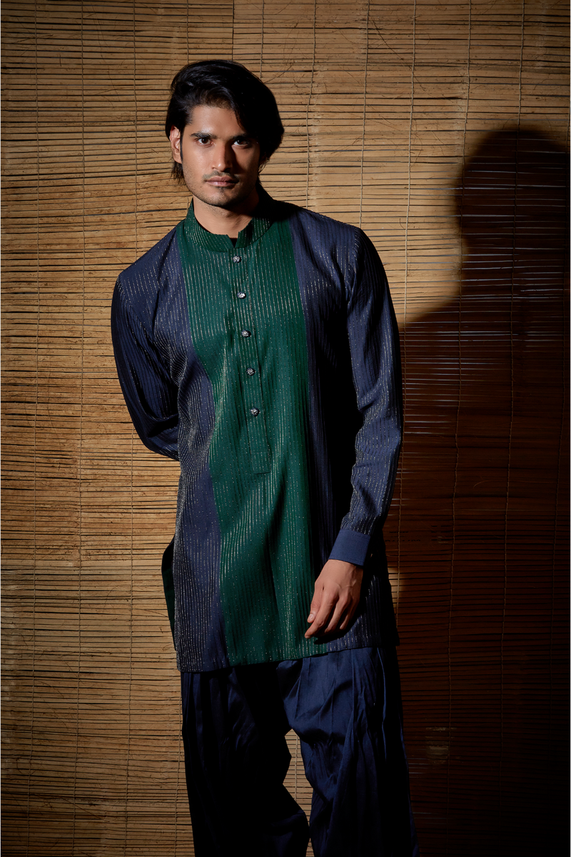 Dark blue textured kurta with dark green detail paired with salwar - Kunal Anil Tanna