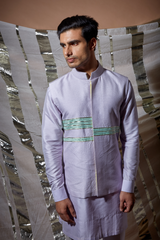 Lilac zari textured bandi jacket with green detail paired with lilac kurta and pyjama pants - Kunal Anil Tanna