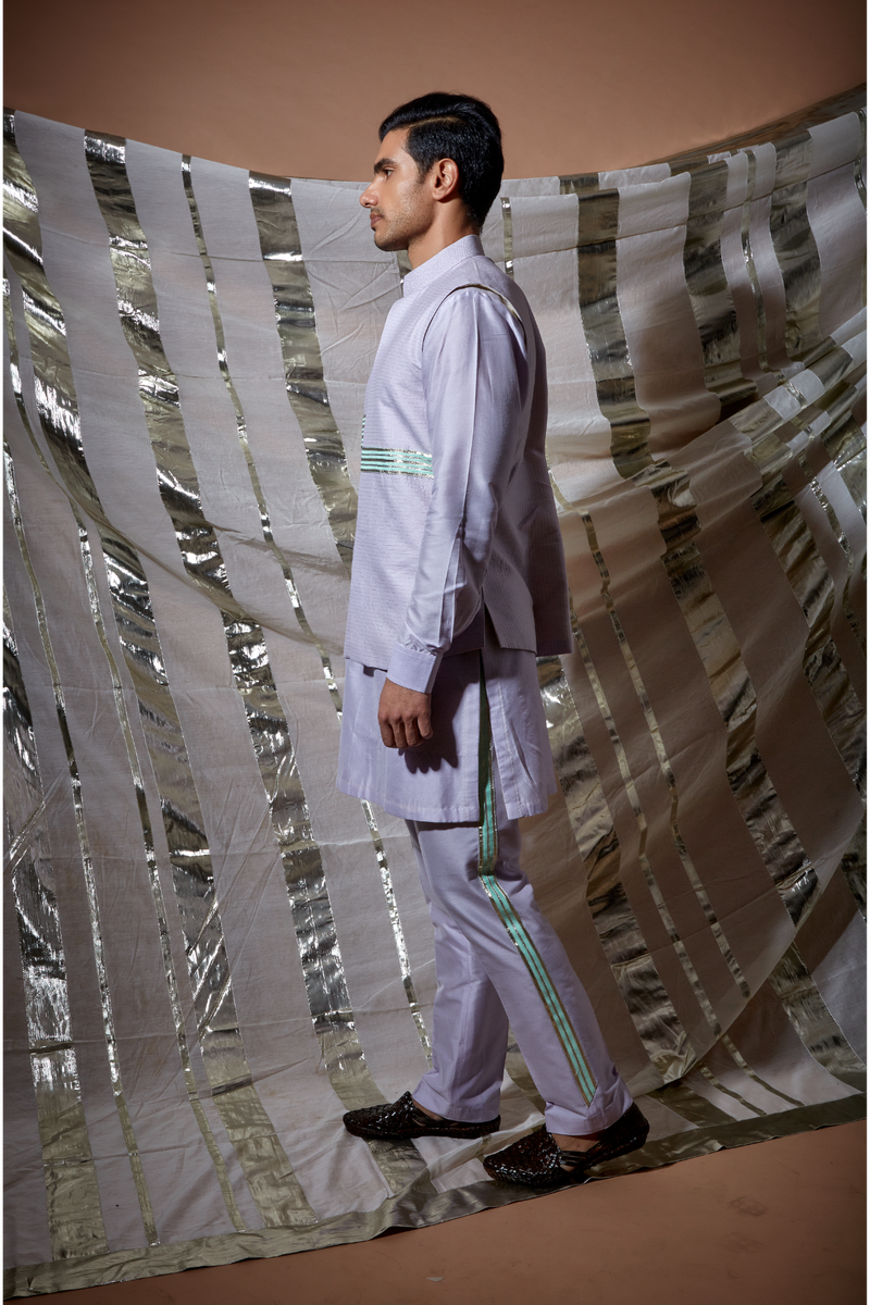 Lilac zari textured bandi jacket with green detail paired with lilac kurta and pyjama pants - Kunal Anil Tanna