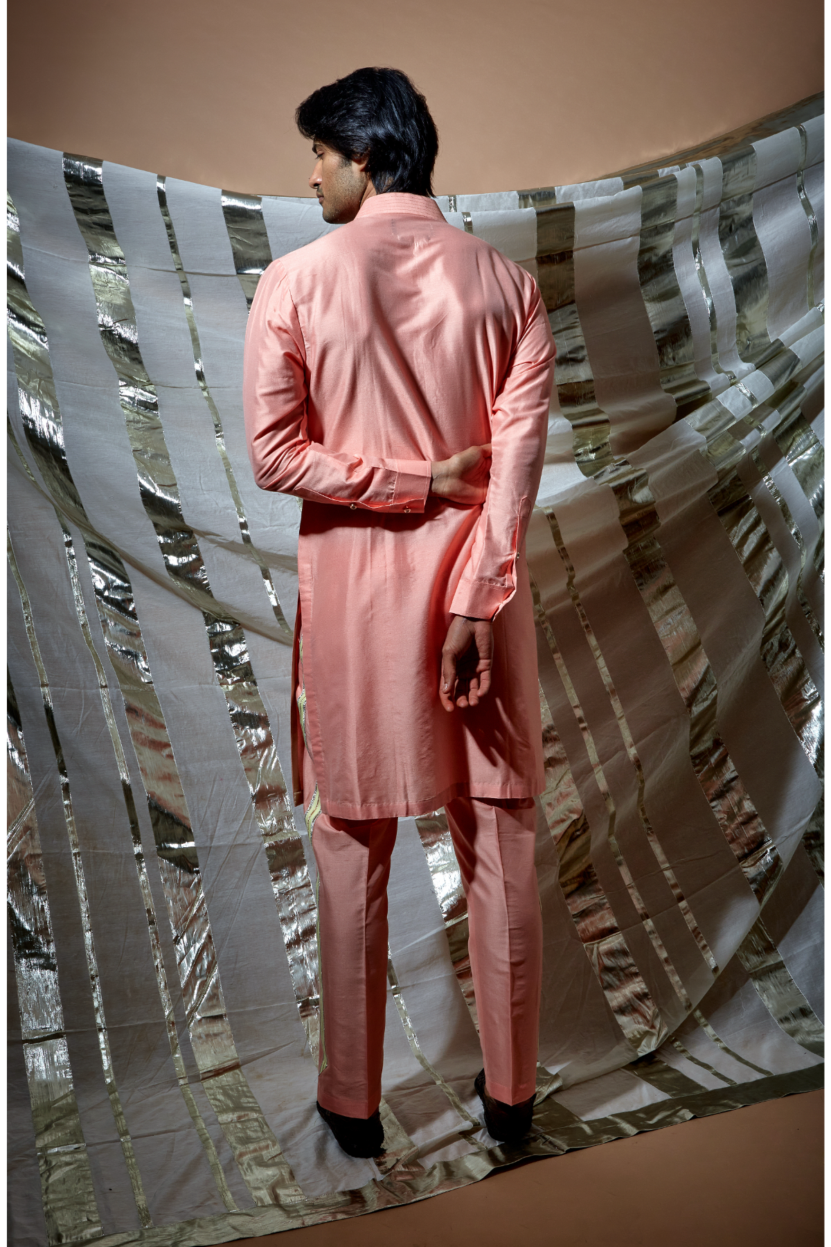 Peach zari textured bandi jacket with yellow patch detail paired with peach kurta and pyjama pants - Kunal Anil Tanna