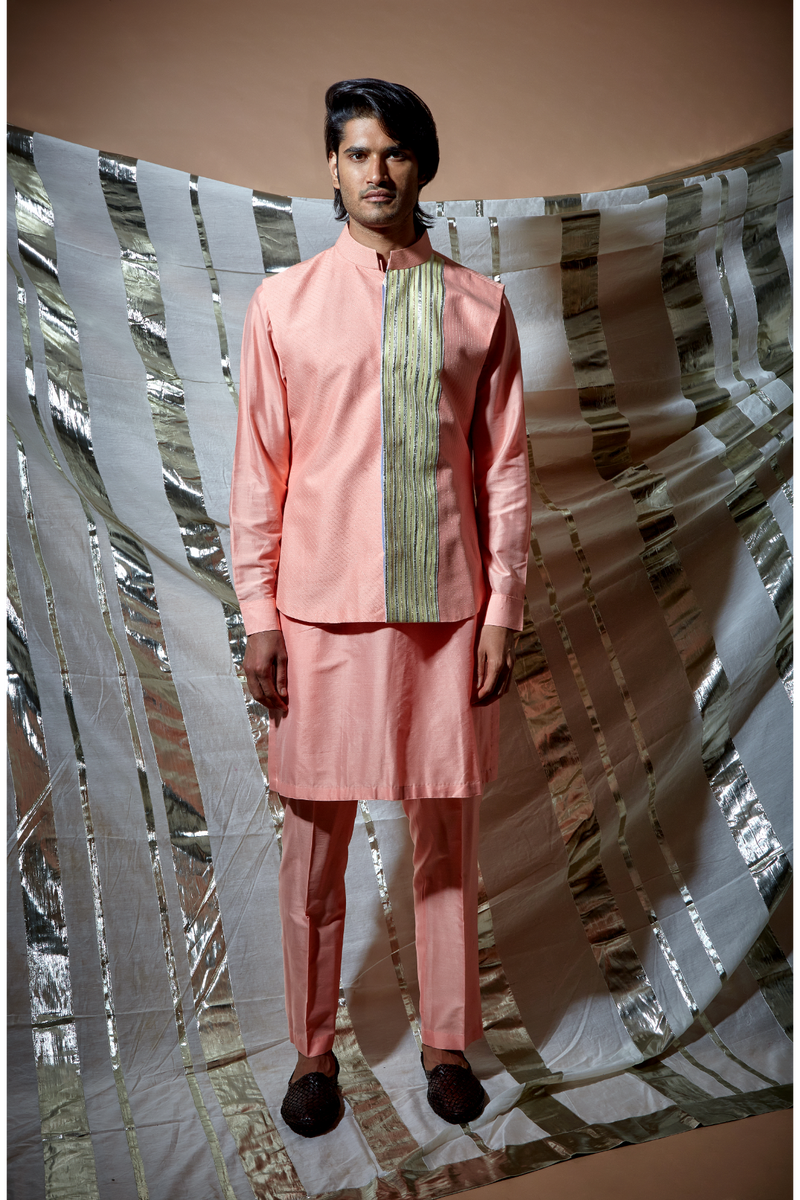 Peach zari textured bandi jacket with yellow patch detail paired with peach kurta and pyjama pants - Kunal Anil Tanna