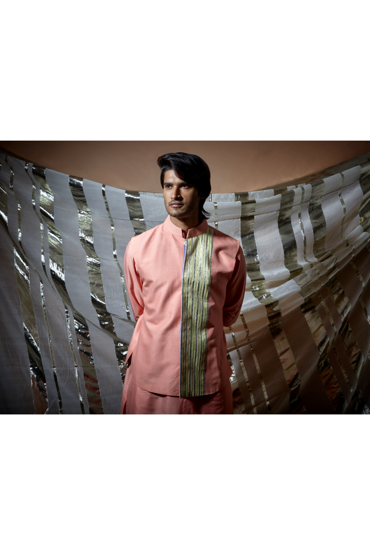 Peach zari textured bandi jacket with yellow patch detail paired with peach kurta and pyjama pants - Kunal Anil Tanna