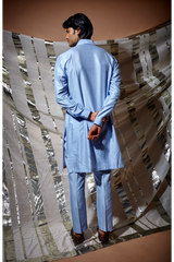 Blue zari textured bandi jacket with lilac detail paired with kurta and pyjama pants - Kunal Anil Tanna