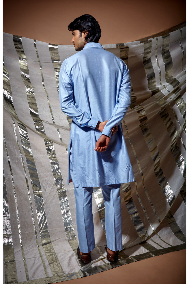 Blue zari textured bandi jacket with lilac detail paired with kurta and pyjama pants - Kunal Anil Tanna