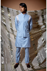 Blue zari textured bandi jacket with lilac detail paired with kurta and pyjama pants - Kunal Anil Tanna