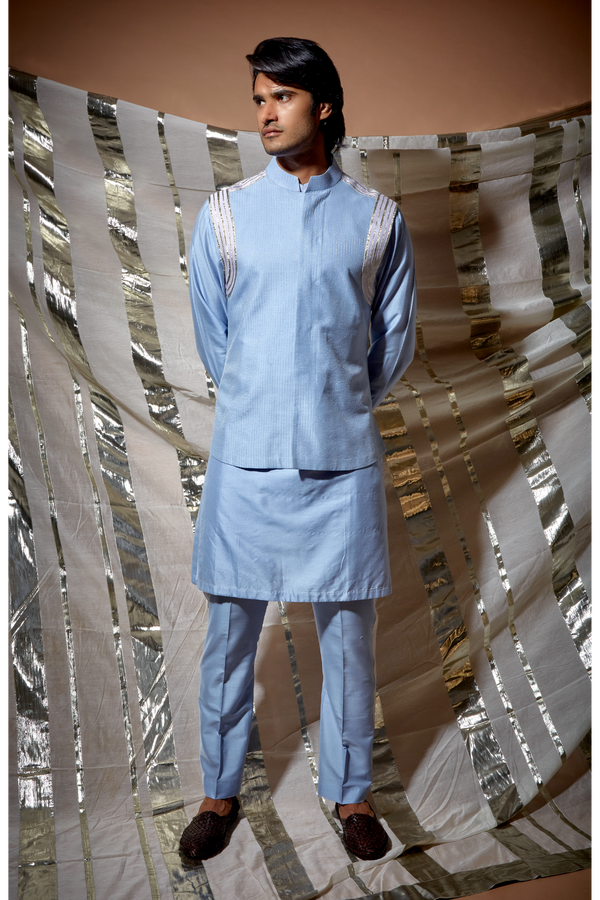 Blue zari textured bandi jacket with lilac detail paired with kurta and pyjama pants - Kunal Anil Tanna