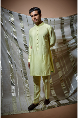 Yellow zari textured bandi jacket with blue detail paired with yellow kurta and pyjama pants - Kunal Anil Tanna