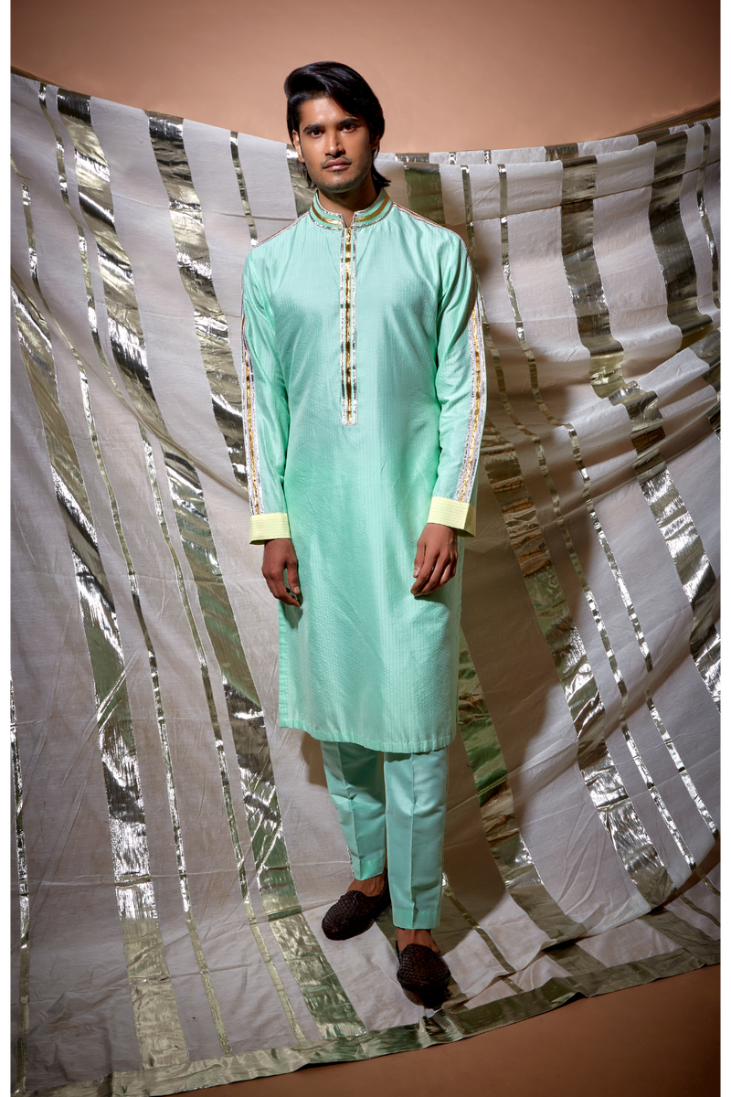 Green zari textured with yellow patch detail kurta set - Kunal Anil Tanna