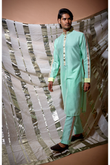 Green zari textured with yellow patch detail kurta set - Kunal Anil Tanna