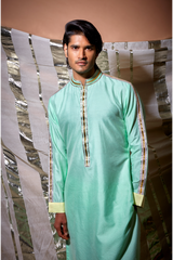 Green zari textured with yellow patch detail kurta set - Kunal Anil Tanna