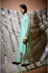 Green zari textured with yellow patch detail kurta set - Kunal Anil Tanna