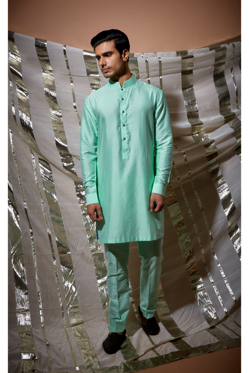 Yellow zari textured bandi jacket with green detail and green kurta set - Kunal Anil Tanna