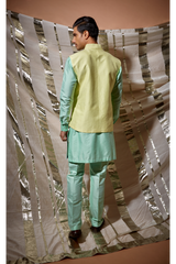 Yellow zari textured bandi jacket with green detail and green kurta set - Kunal Anil Tanna