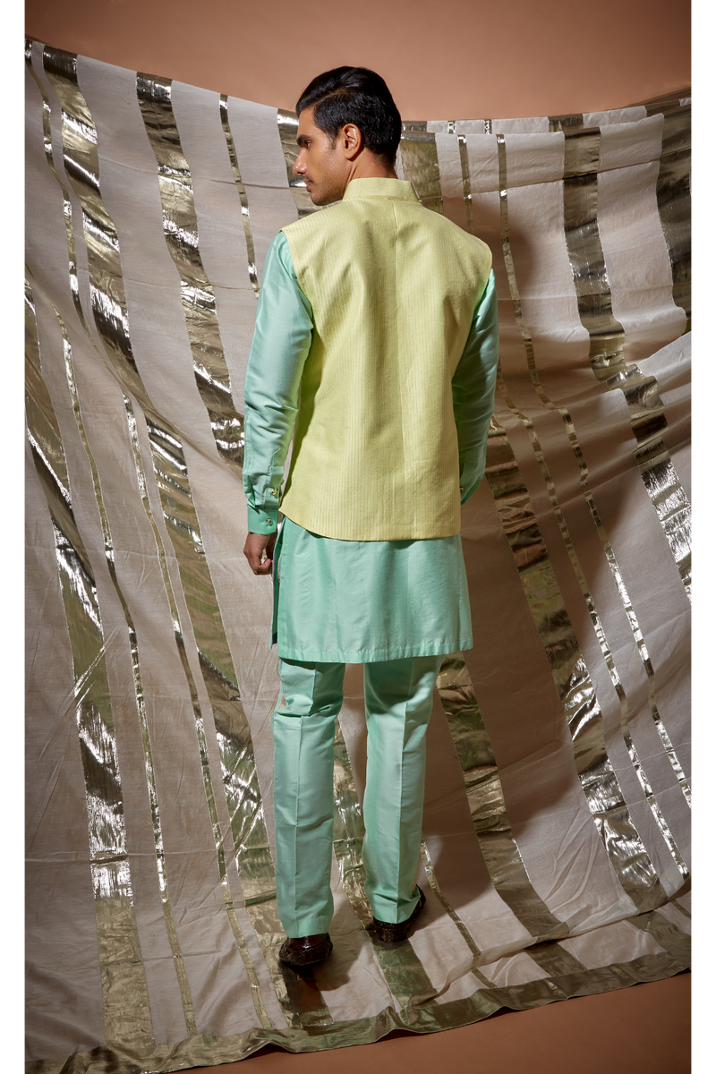 Yellow zari textured bandi jacket with green detail and green kurta set - Kunal Anil Tanna