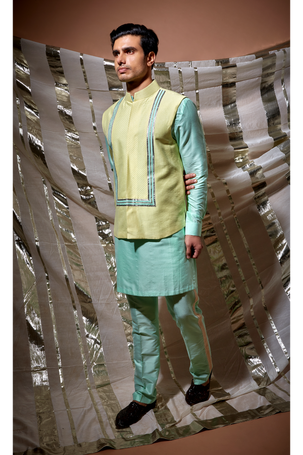 Yellow zari textured bandi jacket with green detail and green kurta set - Kunal Anil Tanna