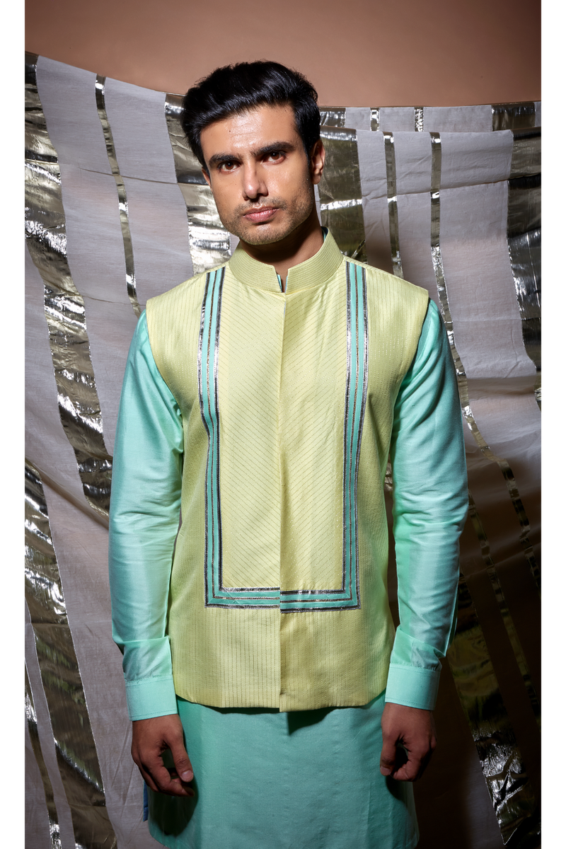 Yellow zari textured bandi jacket with green detail and green kurta set - Kunal Anil Tanna