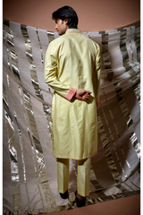 Yellow zari textured with lilac patch detail kurta set - Kunal Anil Tanna