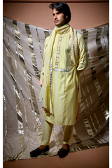 Yellow zari textured with lilac patch detail kurta set - Kunal Anil Tanna