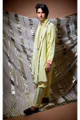 Yellow zari textured with lilac patch detail kurta set - Kunal Anil Tanna