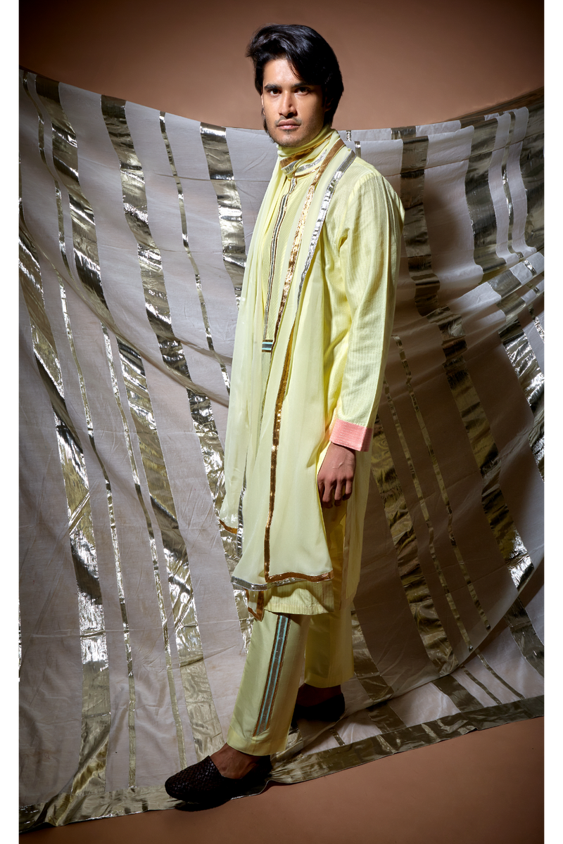 Yellow zari textured with lilac patch detail kurta set - Kunal Anil Tanna