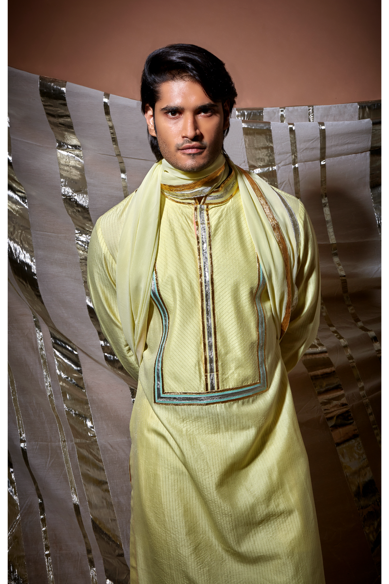 Yellow zari textured with lilac patch detail kurta set - Kunal Anil Tanna
