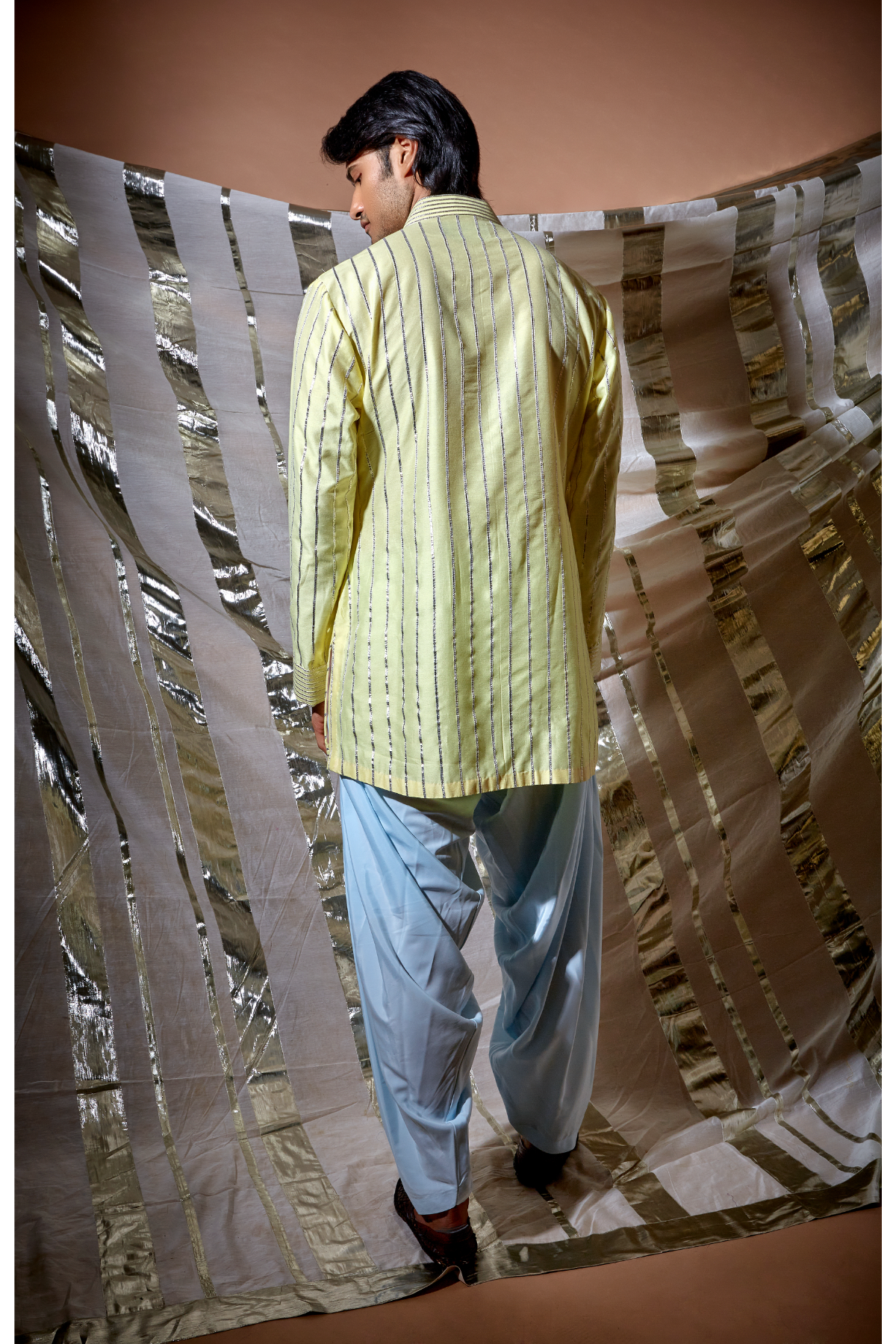 Yellow gotta textured layered kurta set - Kunal Anil Tanna