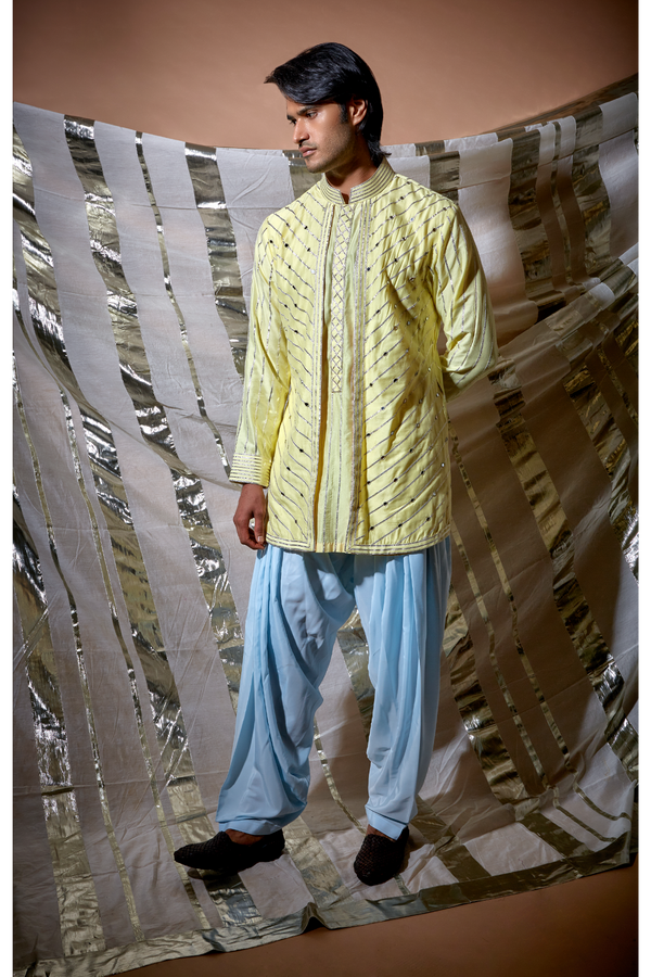 Yellow gotta textured layered kurta set - Kunal Anil Tanna