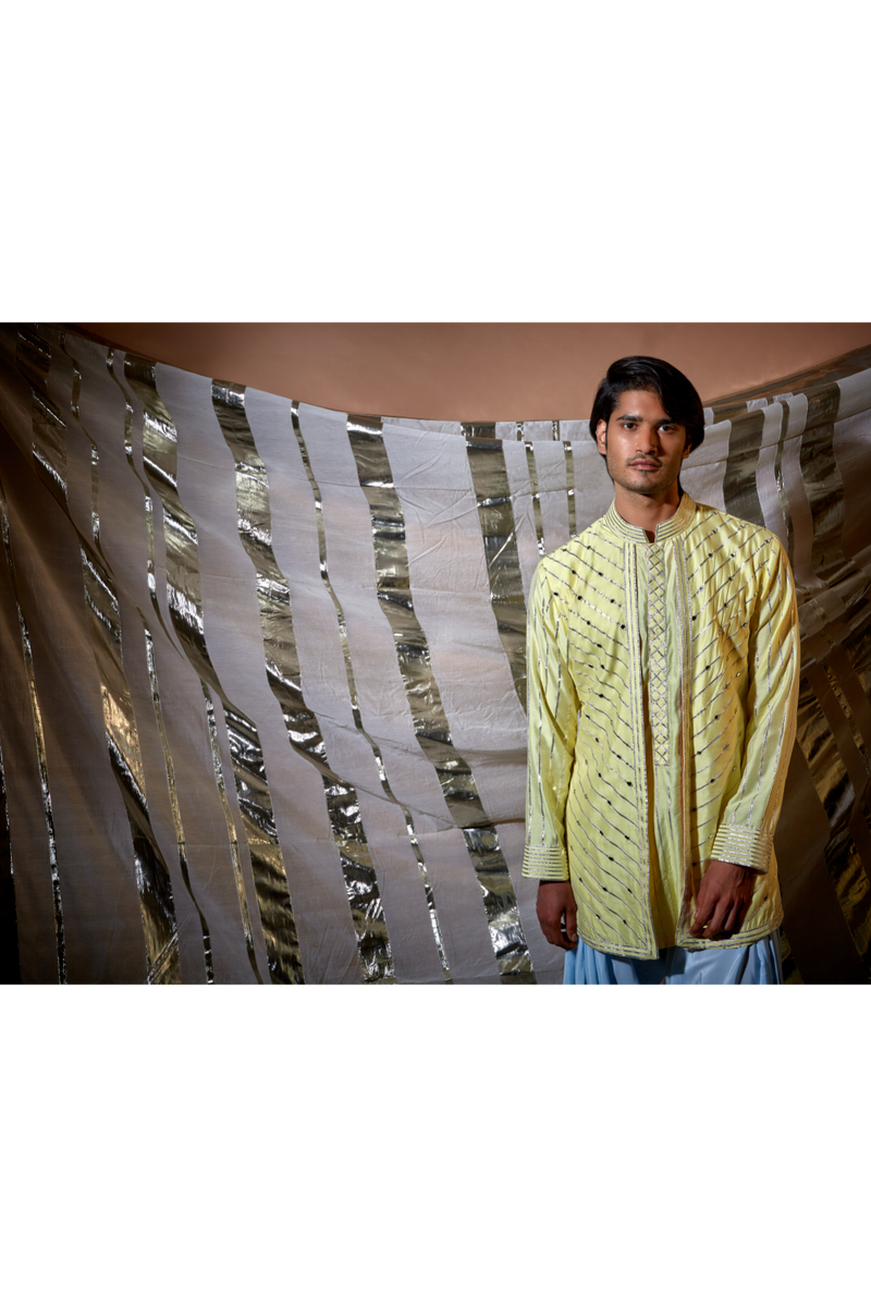 Yellow gotta textured layered kurta set - Kunal Anil Tanna