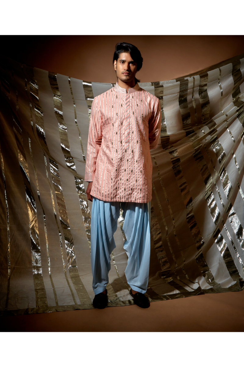 Peach gotta textured kurta set - Kunal Anil Tanna