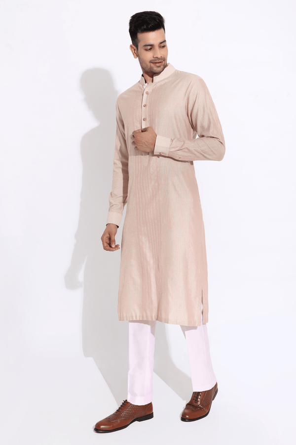 Beige textured kurta with pyjama - Kunal Anil Tanna
