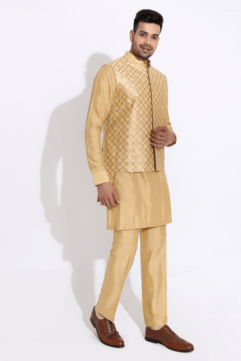 Beige bandi with kurta and aligarhi - Kunal Anil Tanna