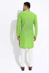 Green textured kurta with brocade collar and placket and pyjama - Kunal Anil Tanna