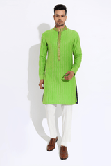 Green textured kurta with brocade collar and placket and pyjama - Kunal Anil Tanna