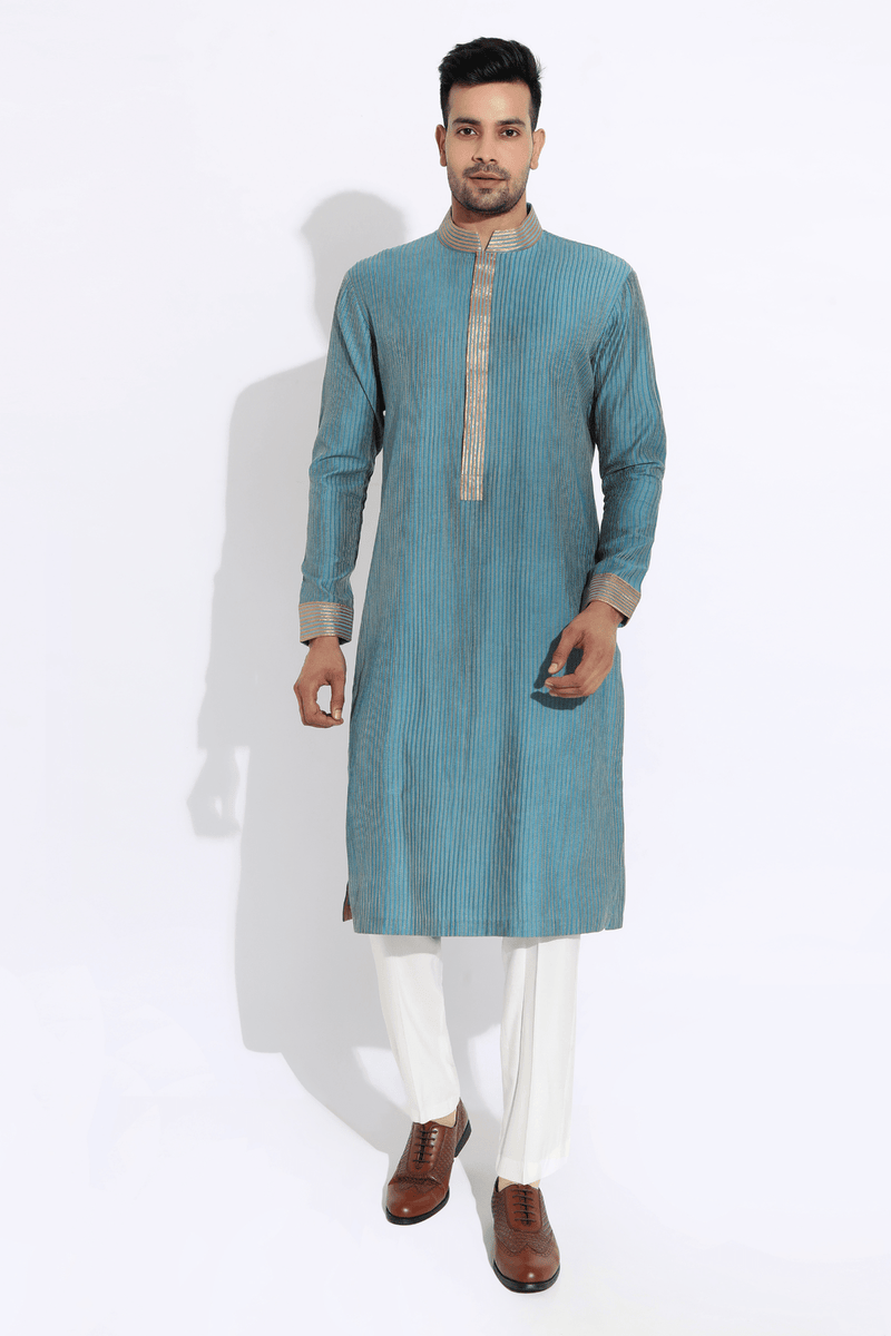 Turquoise blue textured kurta with pyjama pants - Kunal Anil Tanna