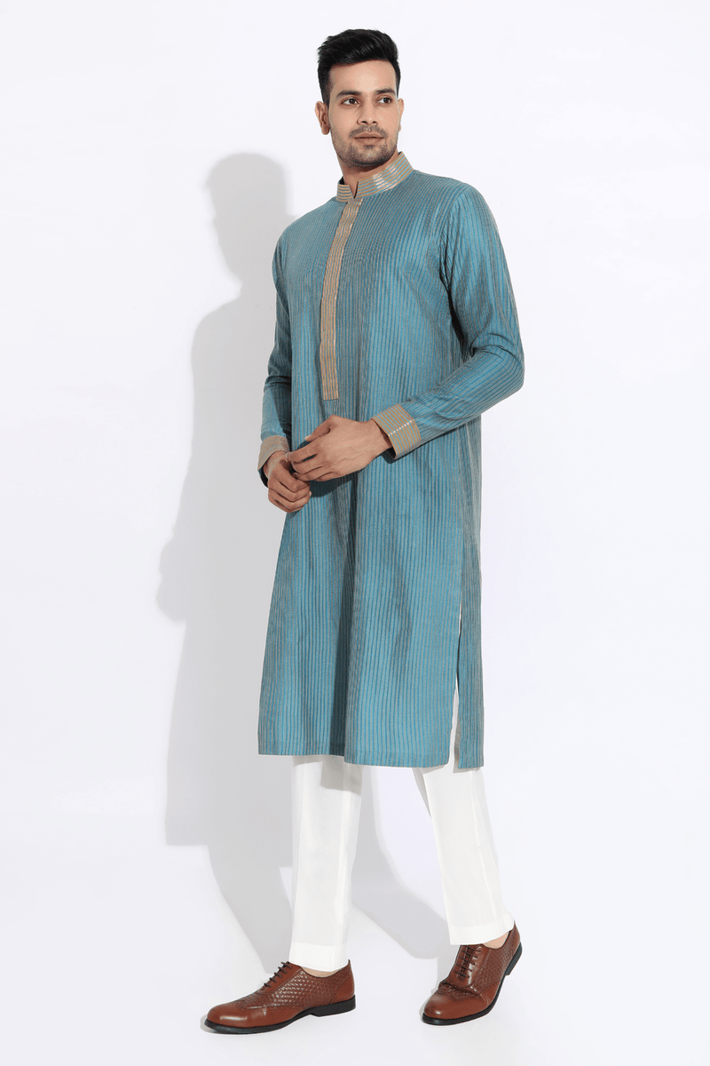 Turquoise blue textured kurta with pyjama pants - Kunal Anil Tanna