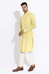 Yellow textured kurta with pyjama - Kunal Anil Tanna