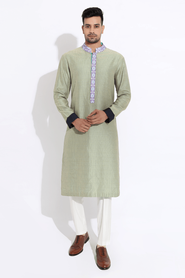 Pista green textured kurta with printed collar,placket paired with pyjama - Kunal Anil Tanna