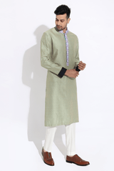 Pista green textured kurta with printed collar,placket paired with pyjama - Kunal Anil Tanna