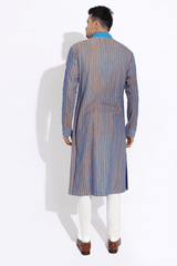 Blue on beige textured kurta with pyjama - Kunal Anil Tanna