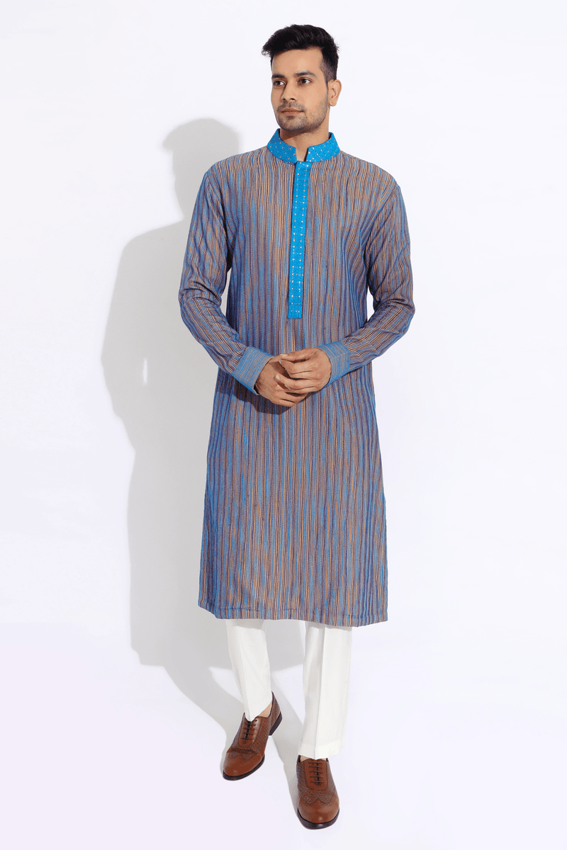 Blue on beige textured kurta with pyjama - Kunal Anil Tanna