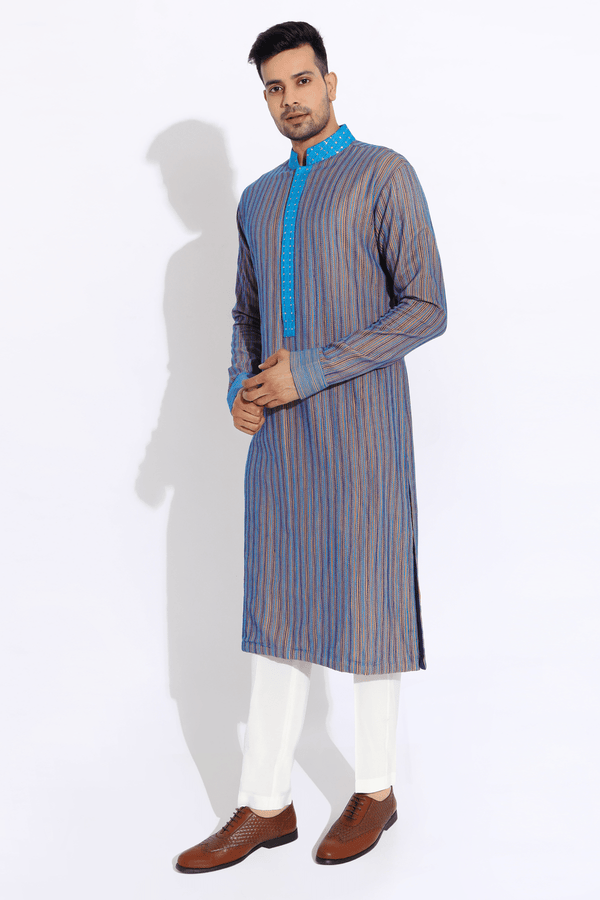 Blue on beige textured kurta with pyjama - Kunal Anil Tanna