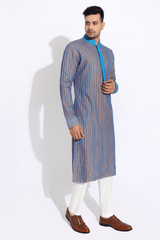 Blue on beige textured kurta with pyjama - Kunal Anil Tanna