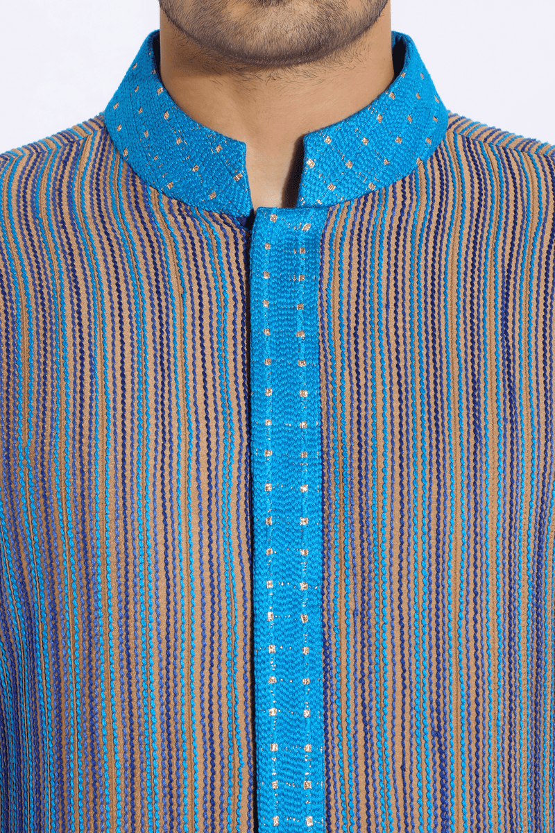 Blue on beige textured kurta with pyjama - Kunal Anil Tanna