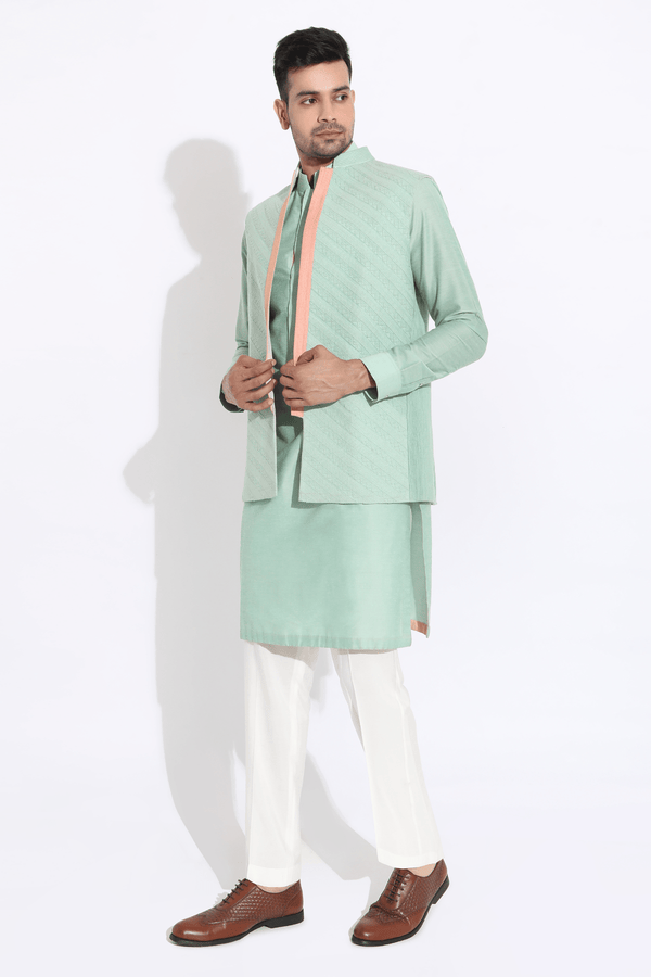 Aqua bandi jacket,Aqua kurta,off-white aligarhi - Kunal Anil Tanna