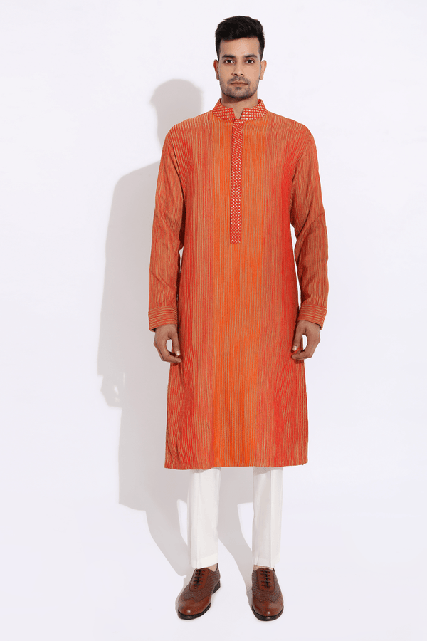 Orange on beige textured kurta set - Kunal Anil Tanna