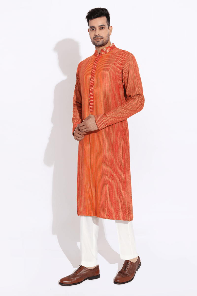 Orange on beige textured kurta set - Kunal Anil Tanna