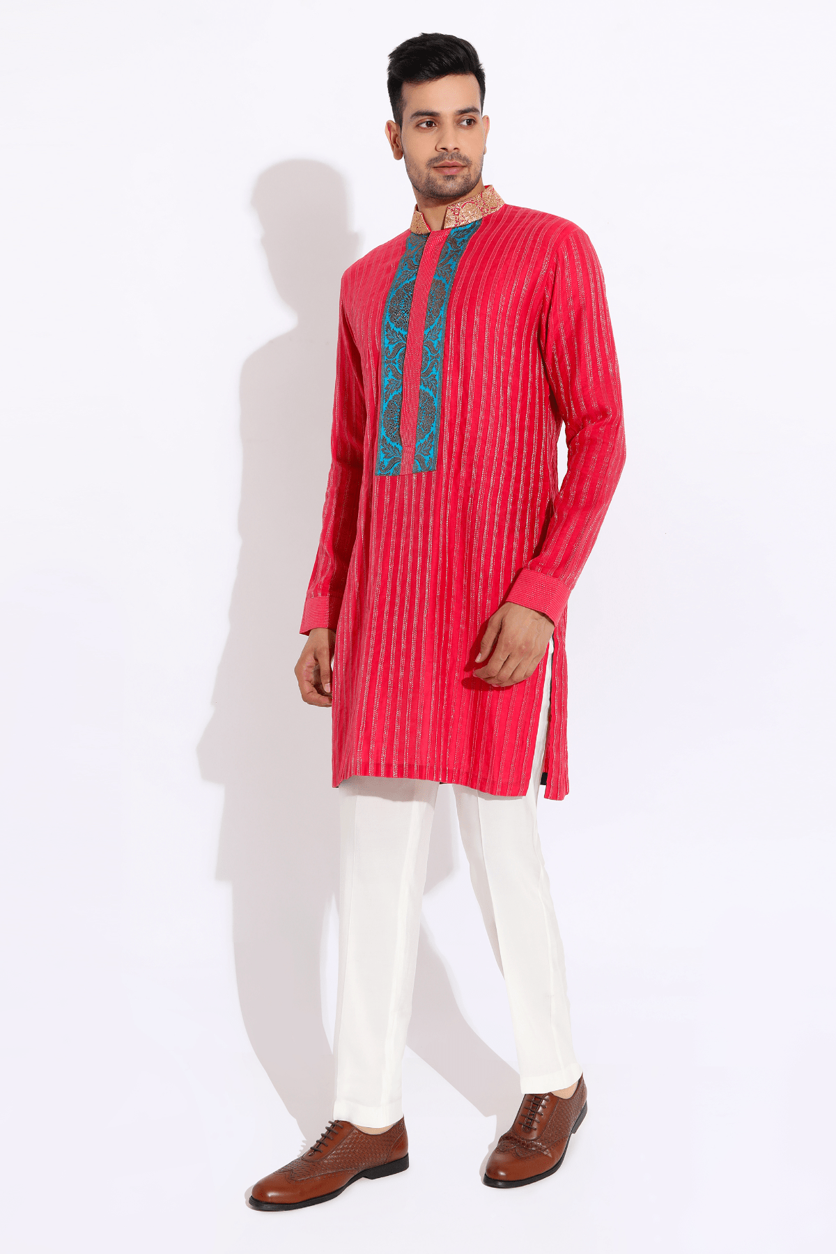 Pink textured kurta with brocade collar and pyjama - Kunal Anil Tanna