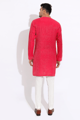Pink textured kurta with brocade collar and pyjama - Kunal Anil Tanna