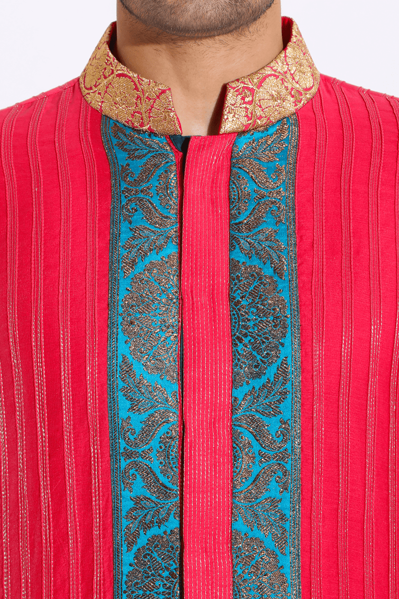 Pink textured kurta with brocade collar and pyjama - Kunal Anil Tanna