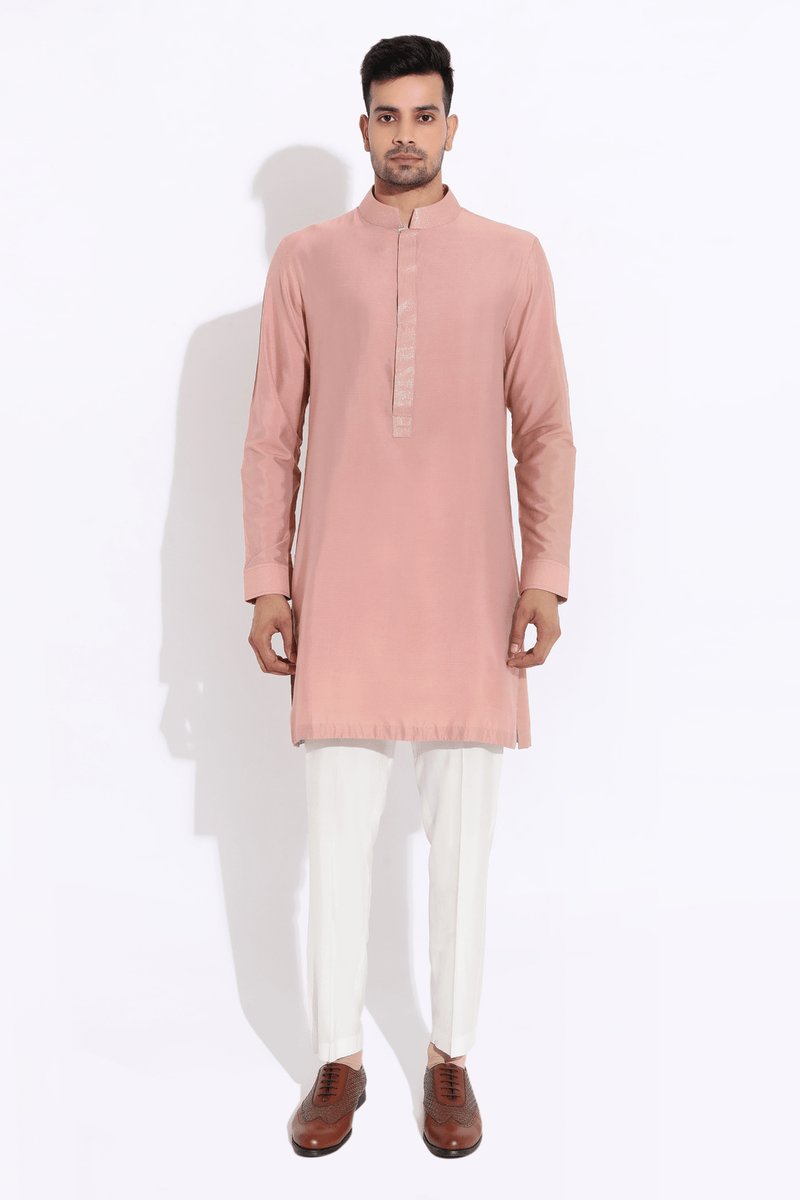 Salmon floral bandi, salmon short kurta,off-white aligarhi - Kunal Anil Tanna